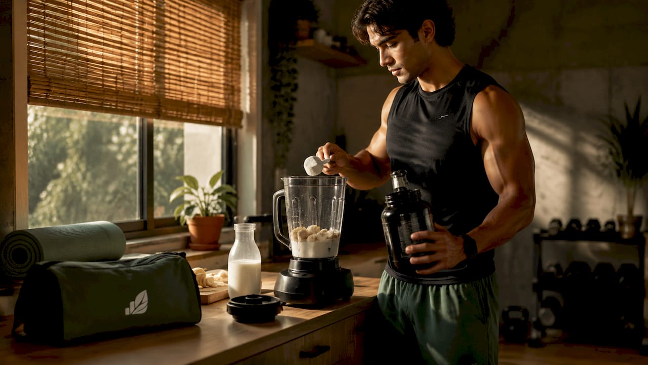 Man preparing mass gainer shake in kitchen
