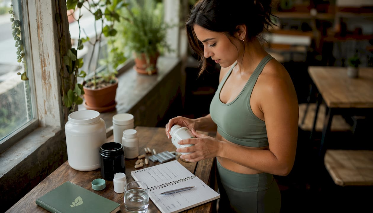 Woman organizing weight loss supplements in kitchen