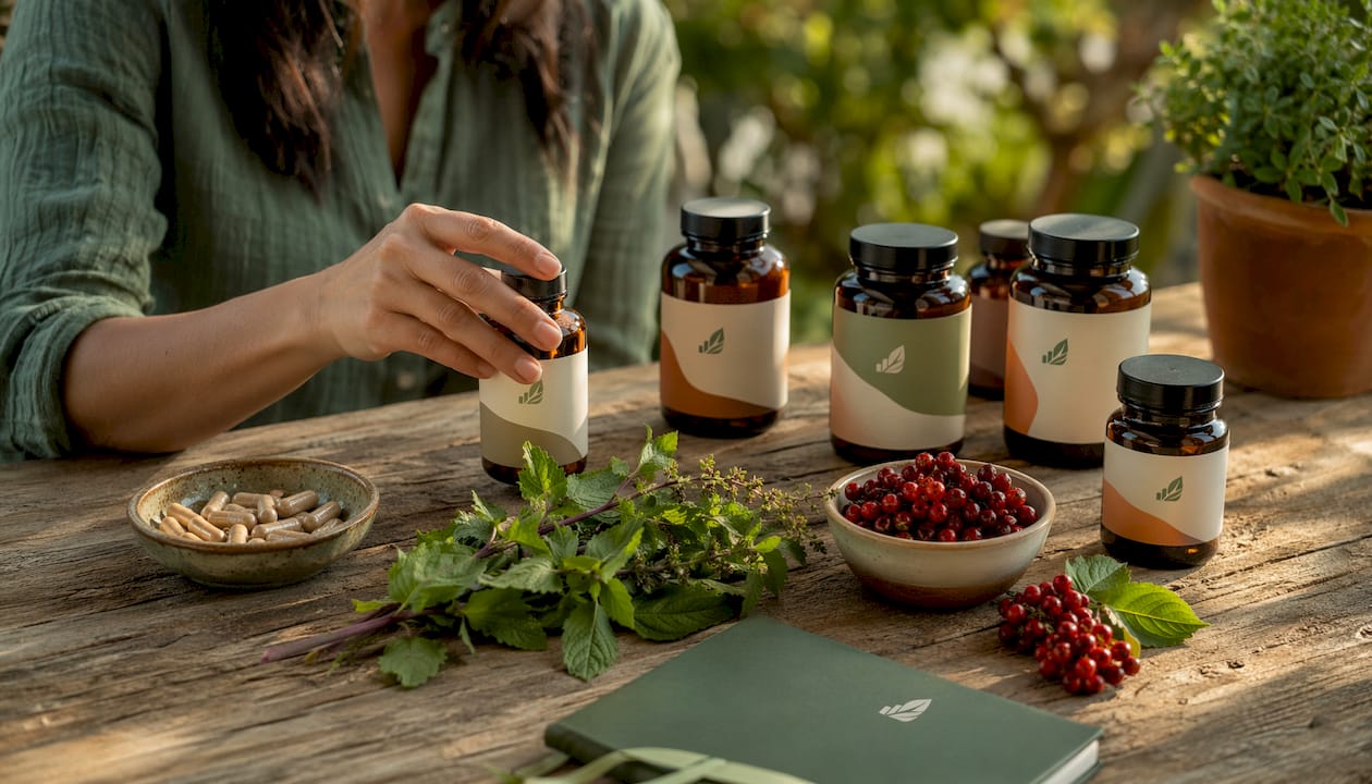 Close-up of adaptogen supplement bottles on counter