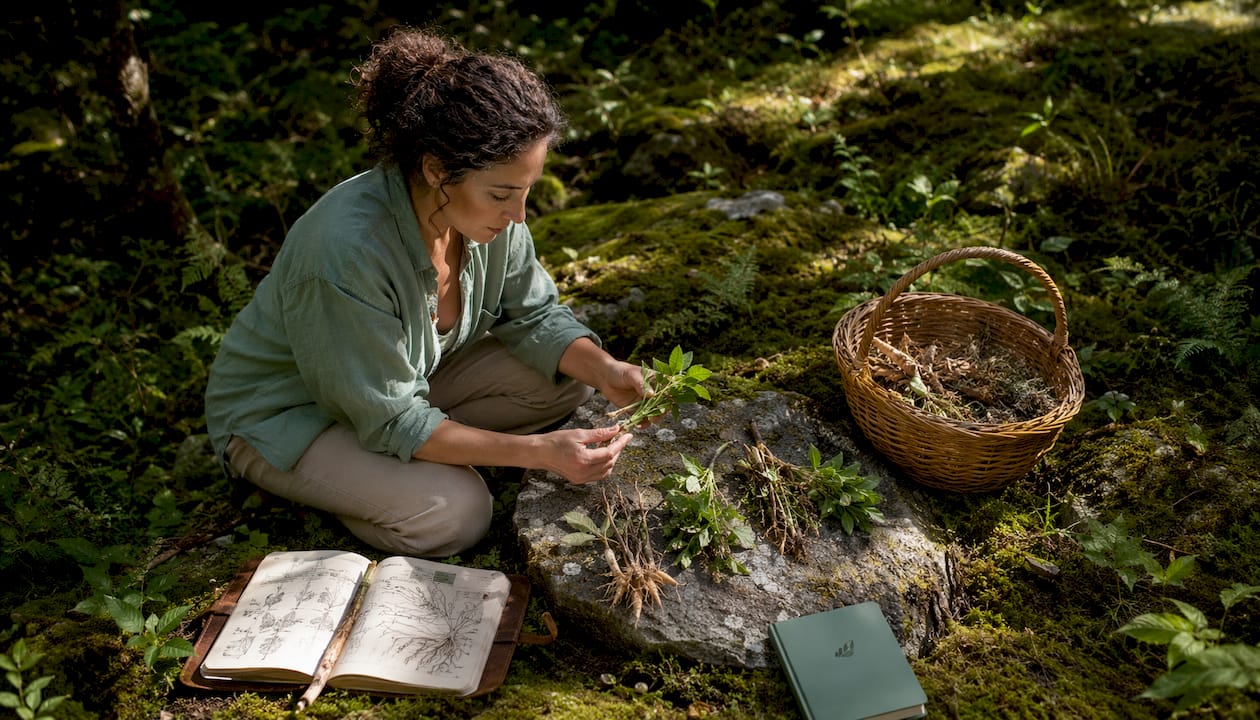 Herbalist examining adaptogen plants in greenhouse