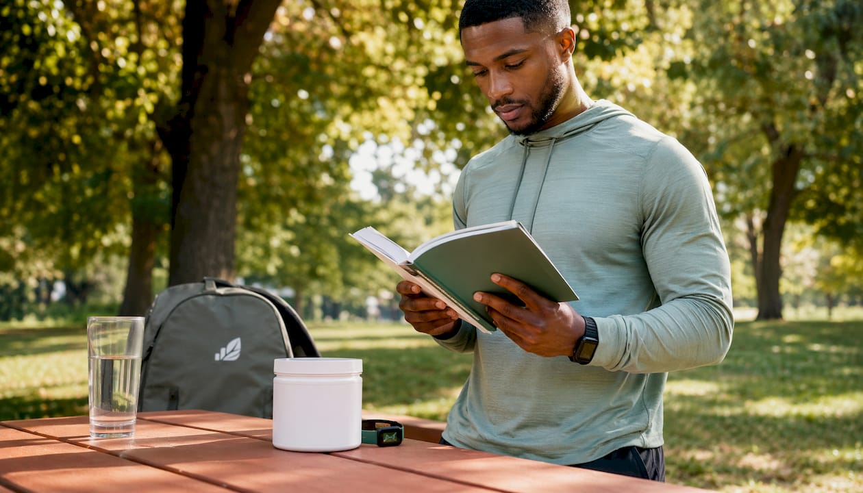 Young man reading creatine supplement guide