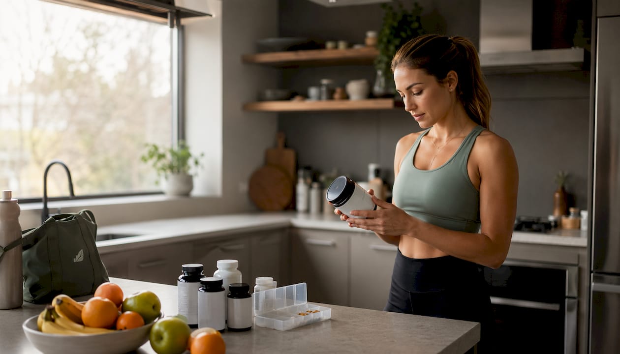 Woman preparing vitamins for muscle growth