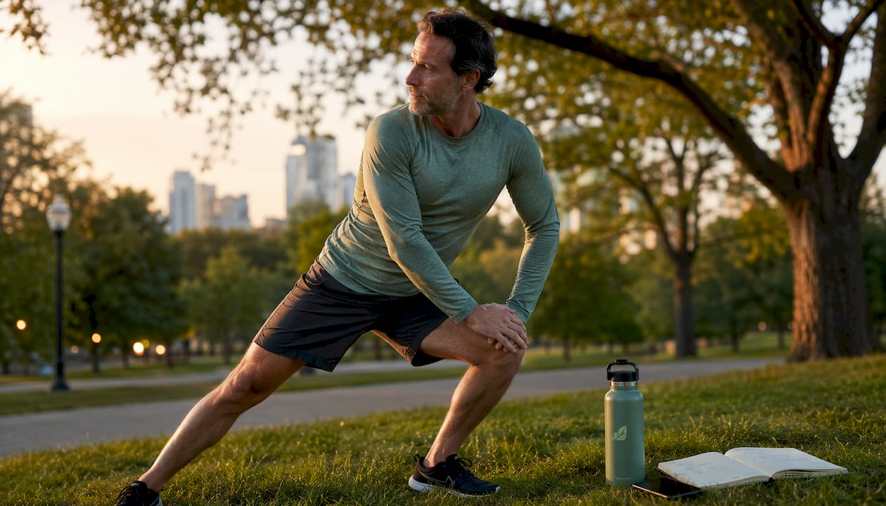 Athlete stretching outdoors in sunlight