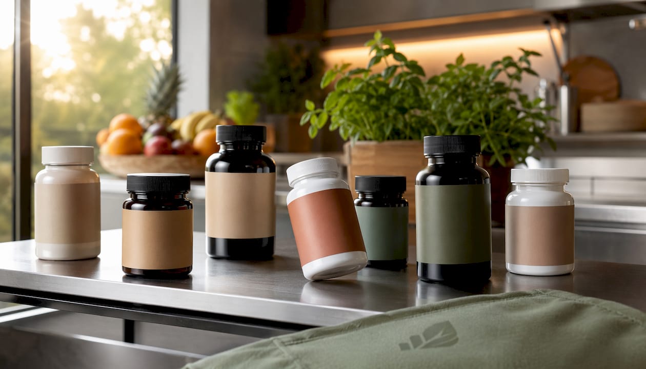 Supplement bottles on shelf in home gym
