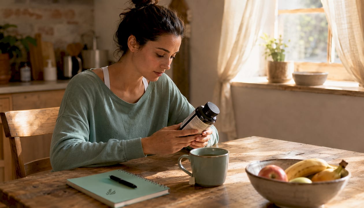 Woman reading fat burner supplement label at kitchen table