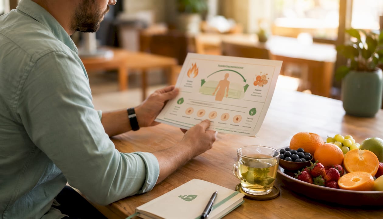 Nutritionist holding metabolism leaflet in office