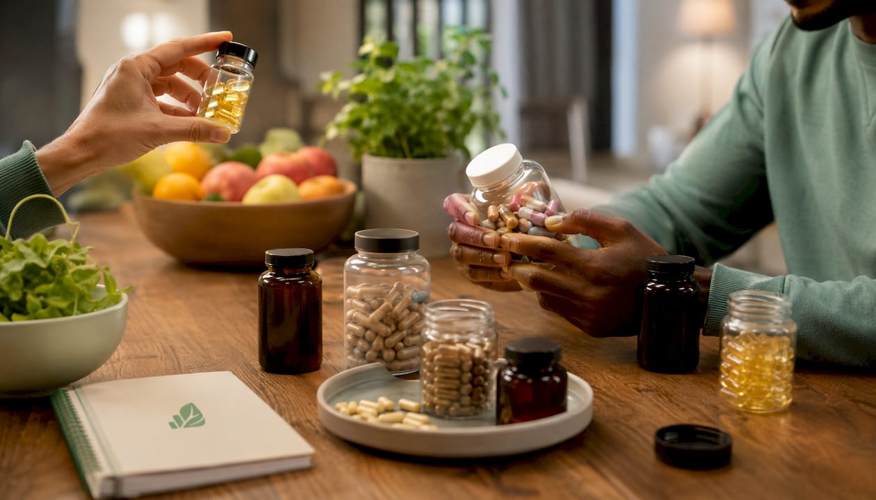 Hands holding fat and water-soluble vitamin bottles
