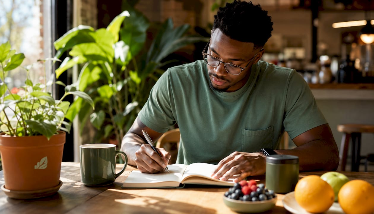 Man journaling supplement intake at home desk