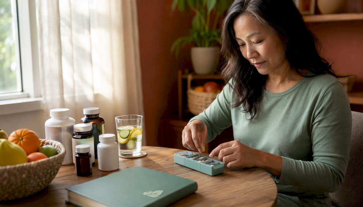 Woman organizing morning supplements at kitchen table