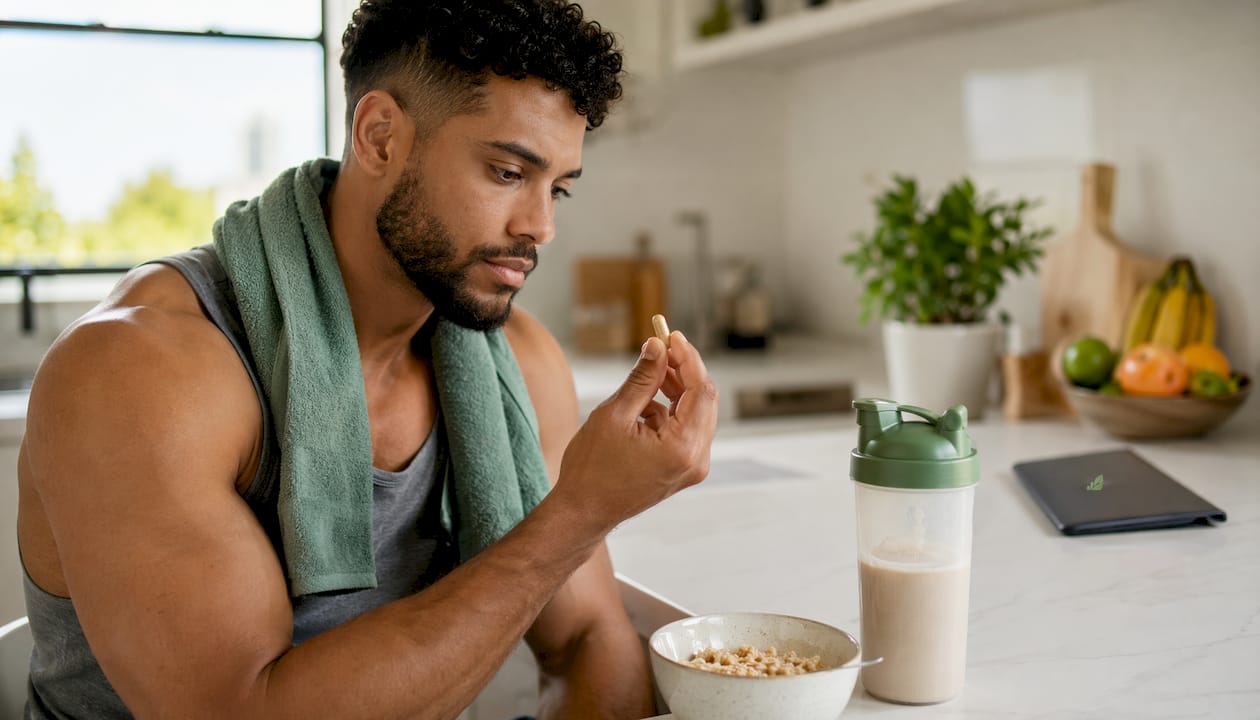 Treningsutøver som holder fibersupplement og vann