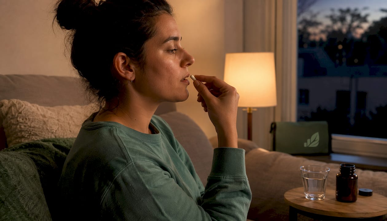 Person hesitating to swallow large capsule