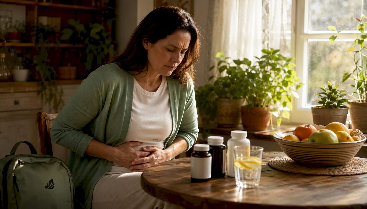 Woman showing discomfort from digestive side effects
