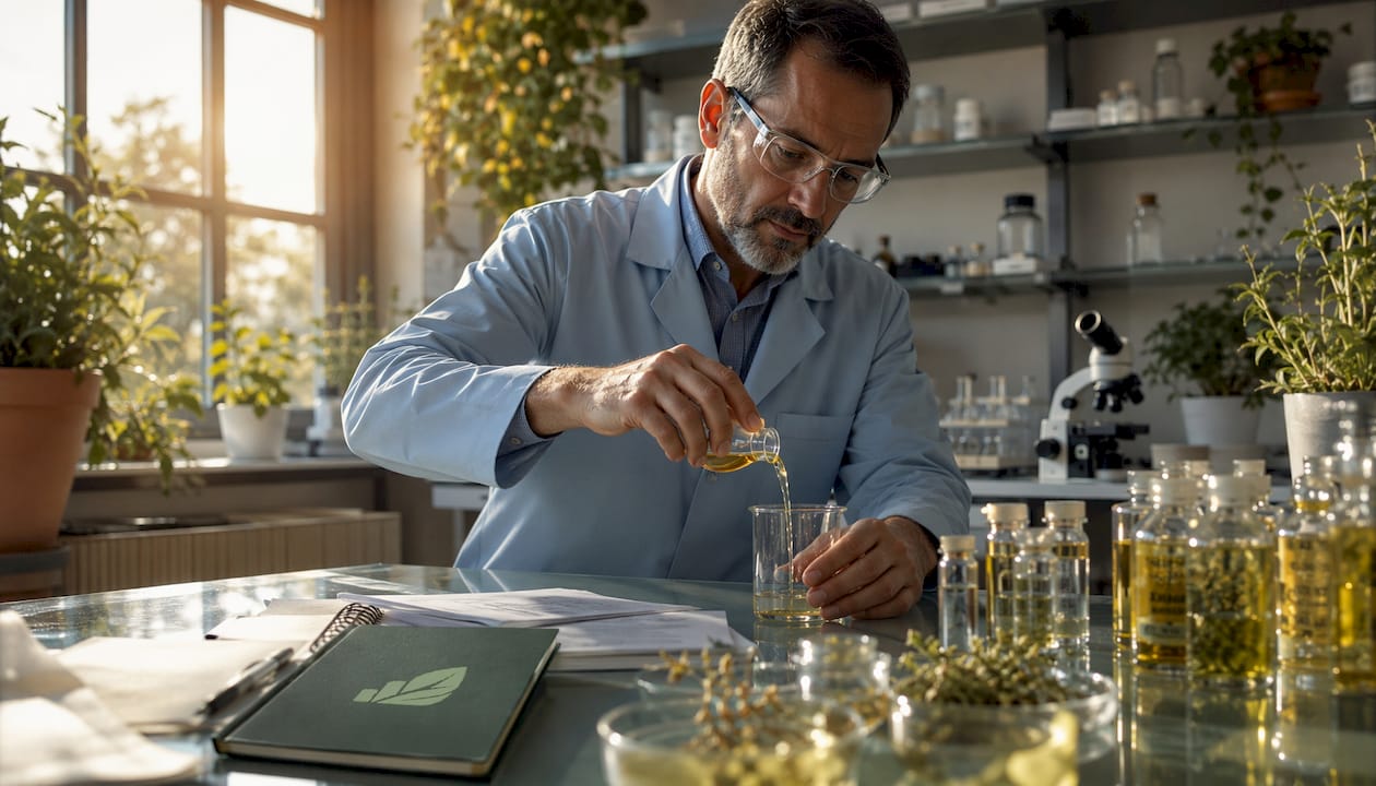 Scientist working with berberine herbal extract in lab
