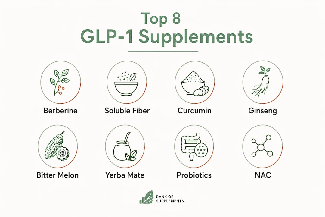 Infographic showing top 8 natural GLP-1 supplements ranked