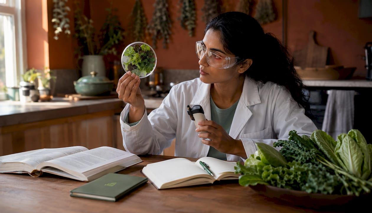 Scientist analyzing leafy greens in lab