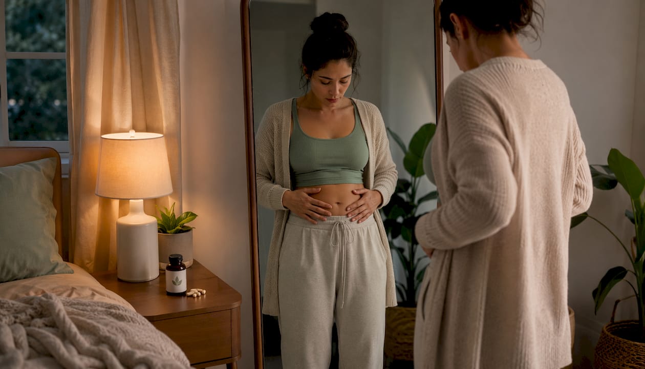 Person examining stomach in bathroom mirror