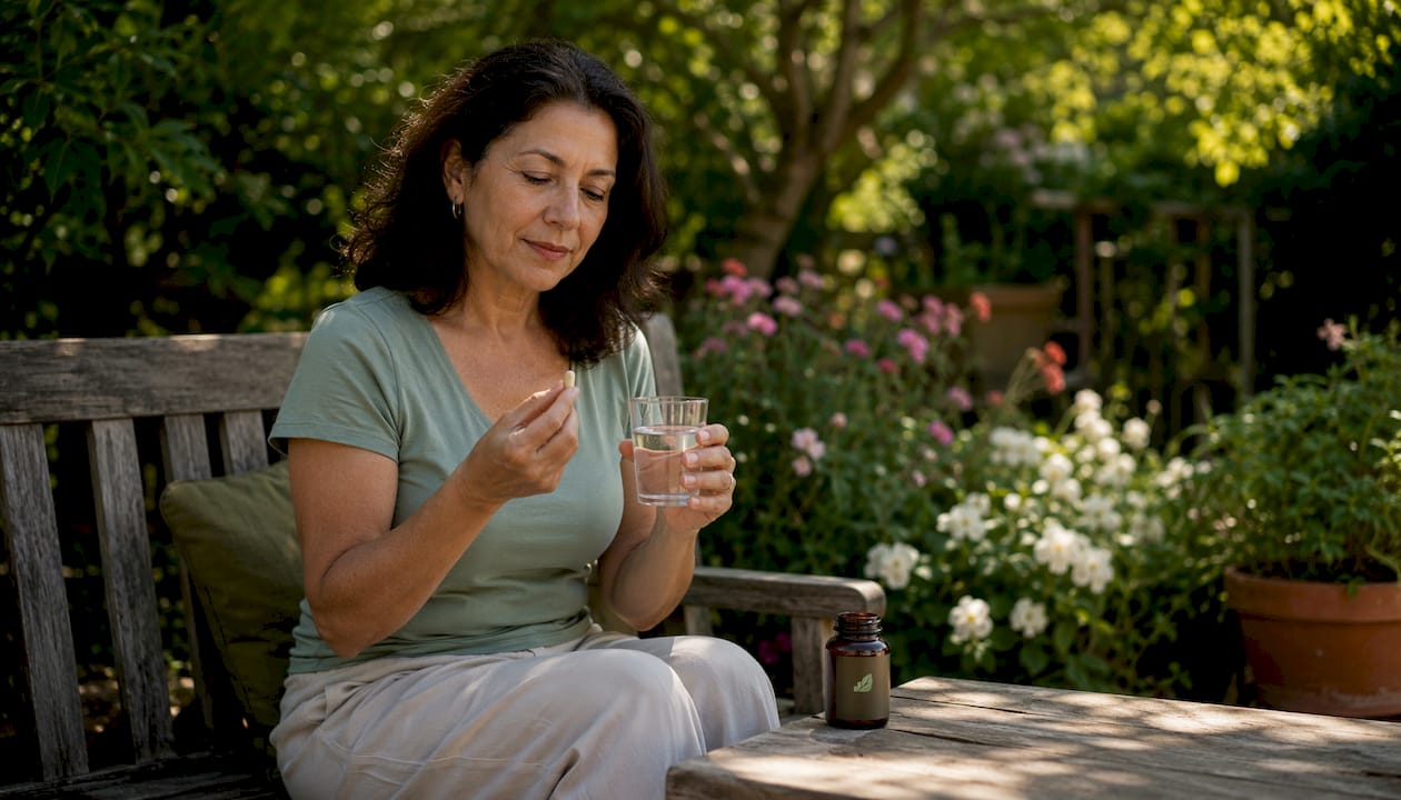 Woman taking vitamin B12 supplement at home kitchen