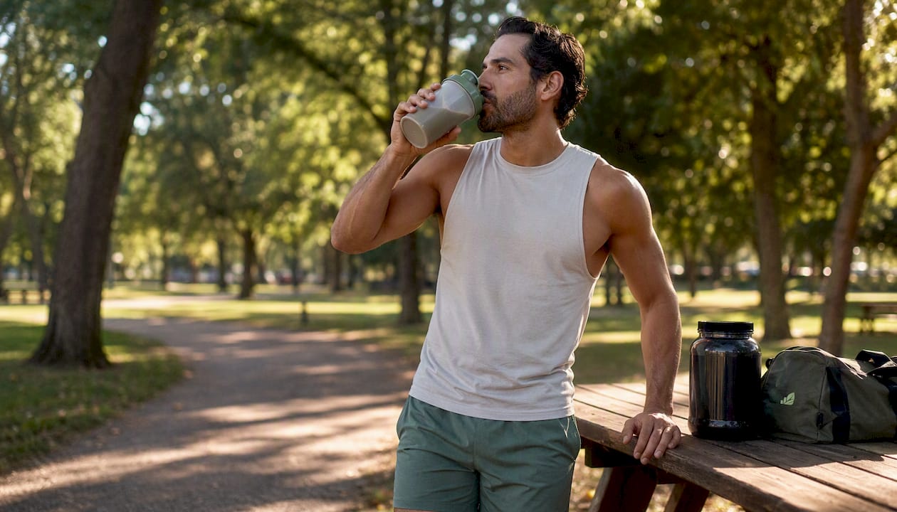 Man having post-workout supplement shake in gym