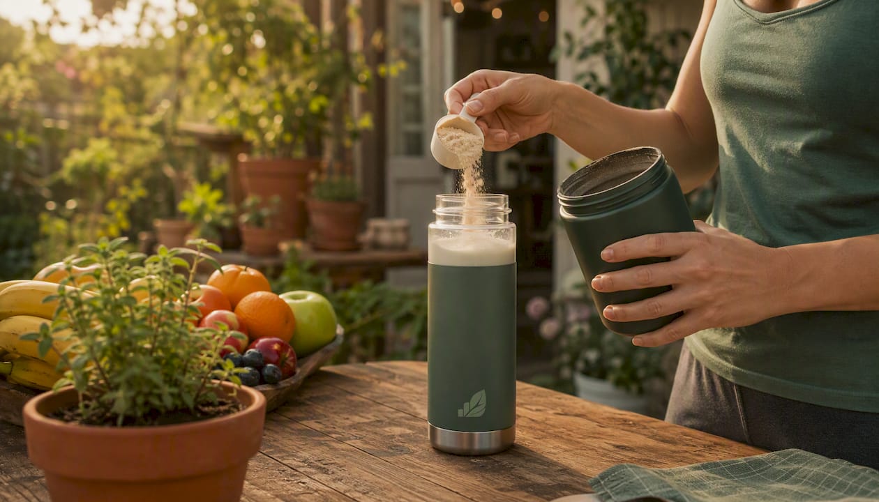 Hands scooping vegan protein powder into shaker