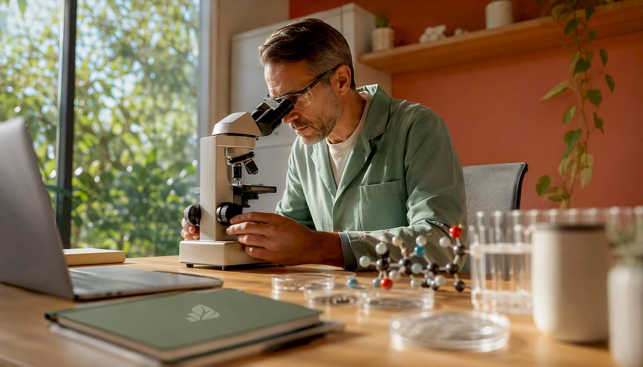 Scienziato che esamina la cartilagine al microscopio