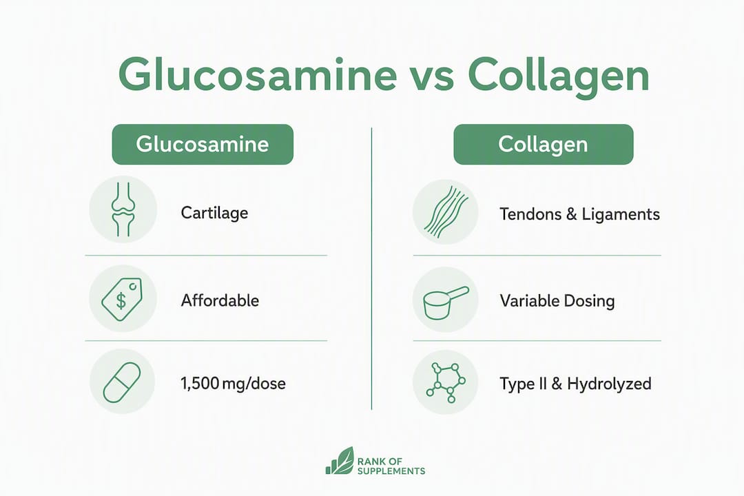 Infografica che confronta le caratteristiche chiave di glucosamina e collagene