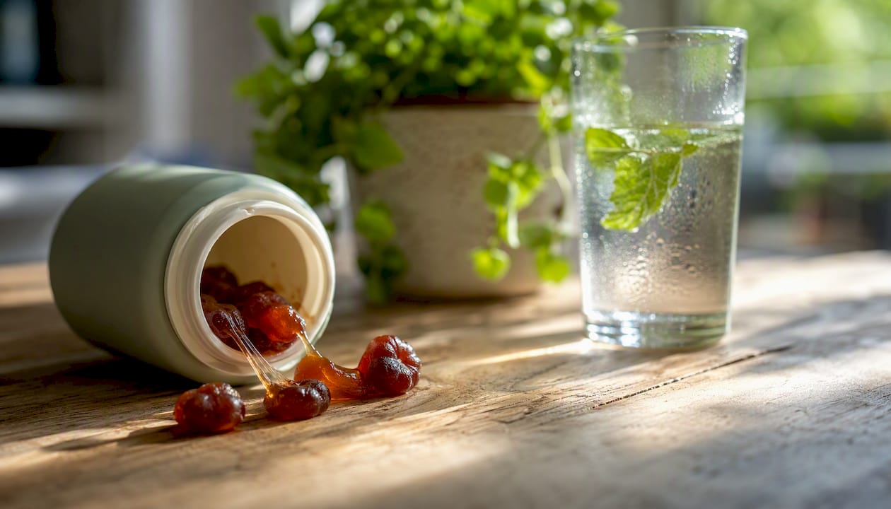 Close-up of melted ashwagandha gummies in open bottle