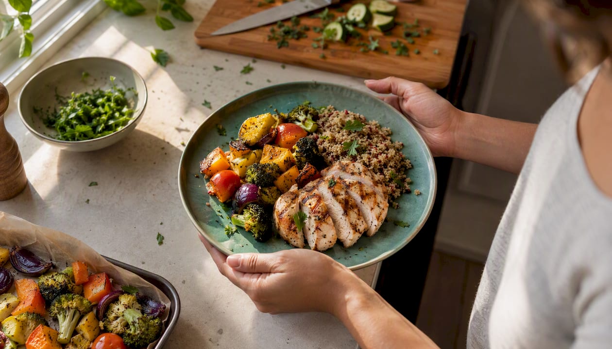 Händer på en balanserad proteinmåltid