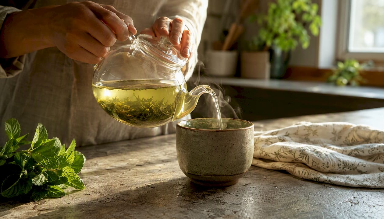 Mains versant du thé vert dans une tasse en verre