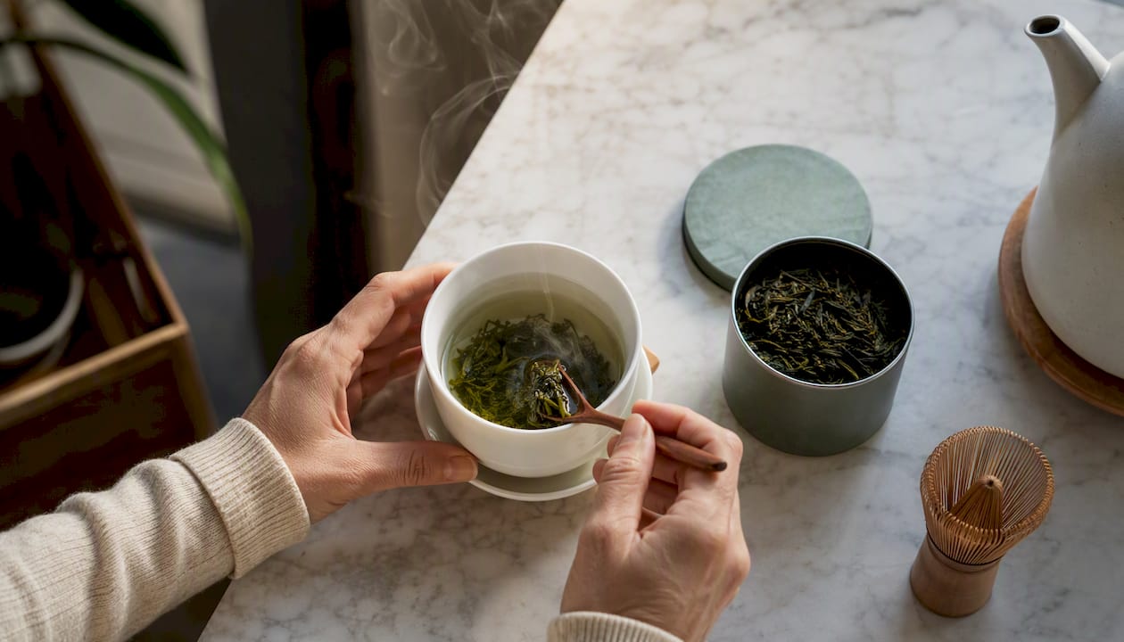 Hands brewing green tea in glass teapot