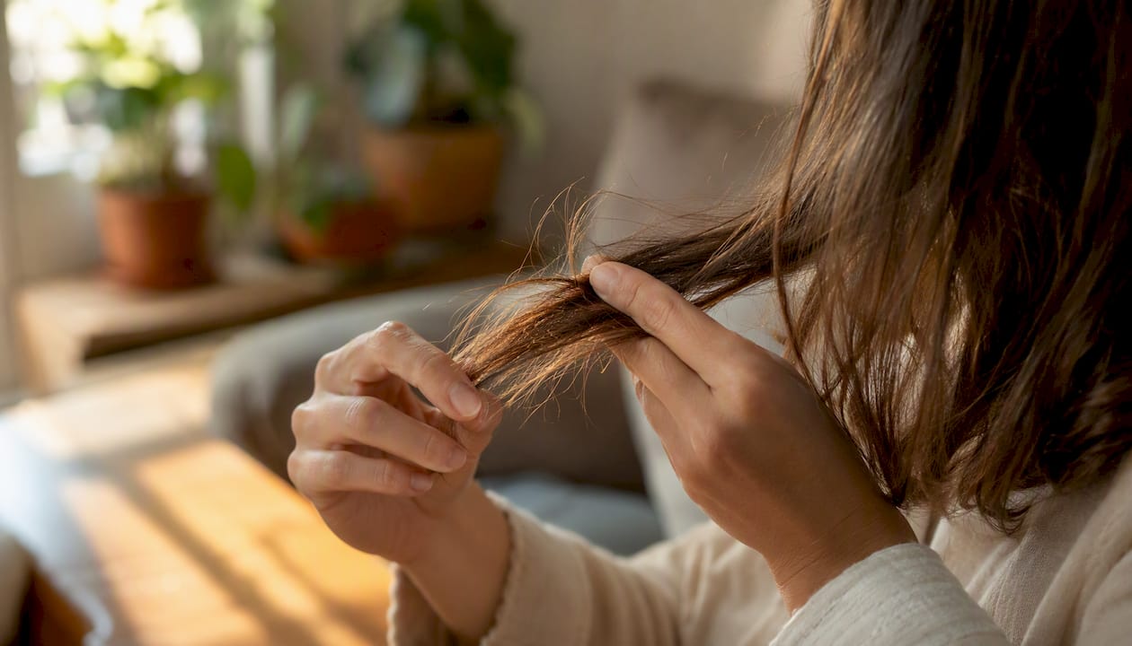 Primer plano de manos examinando hebras de cabello
