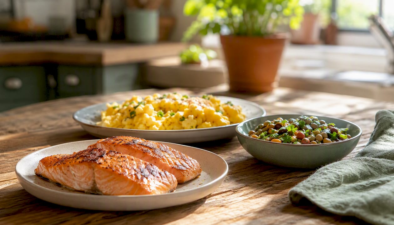 Alimentos ricos en biotina en mesa rústica de cocina