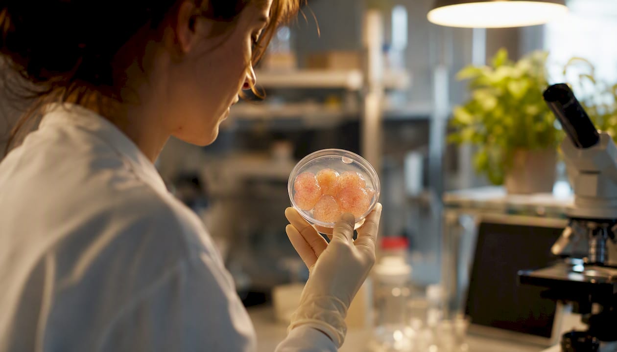 Scientist examining fat tissue sample in lab