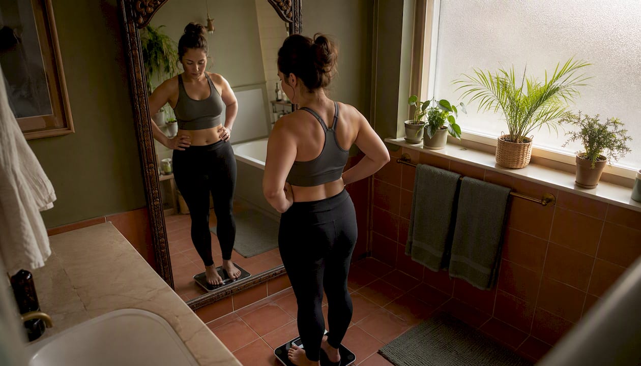 Person checking weight on scale at home