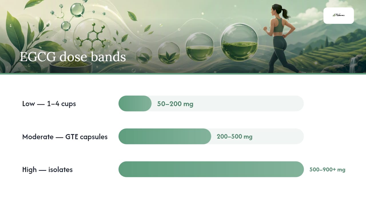 Diagram of green tea extract EGCG dose ranges and sources