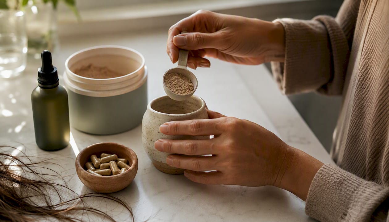 Mani che misurano la dose di integratore per capelli polverizzato
