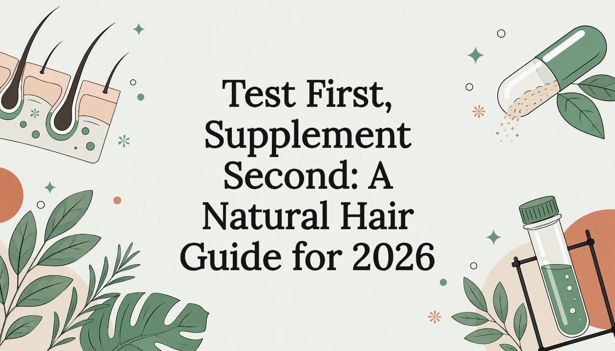 Decorative title card illustration with hair, supplements and leaves
