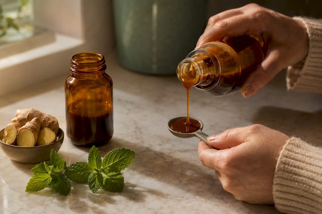Hender som heller mukolitisk sirup på skje