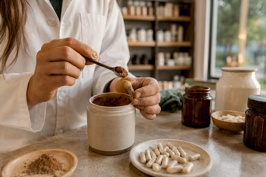 Pharmacien remplissant une capsule de supplément de fer