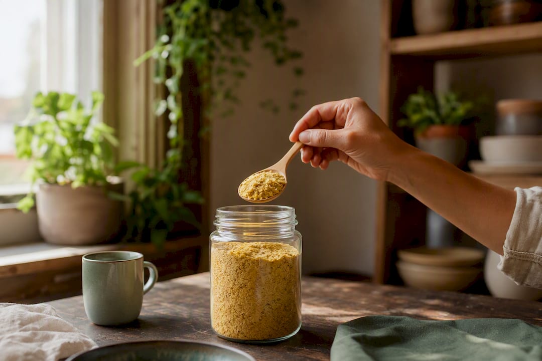 Hand scooping nutritional yeast flakes with wooden spoon