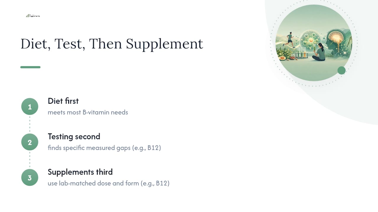 Diet First, Testing Second, Supplements Third — overview diagram