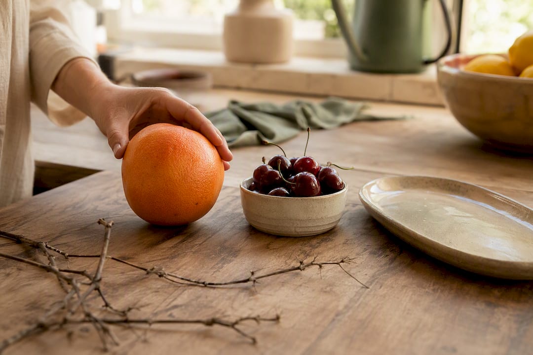 Mano colocando manzana completa y bayas en la mesa
