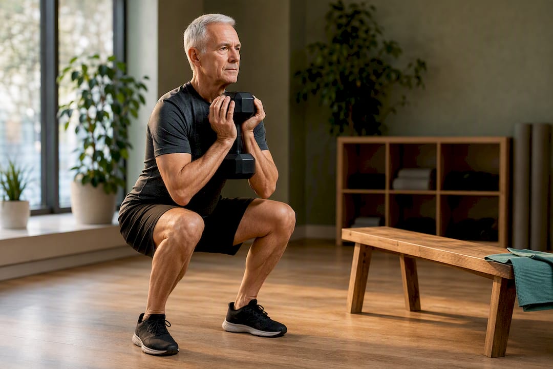 Eldre voksen som utfører en dumbbell knebøy