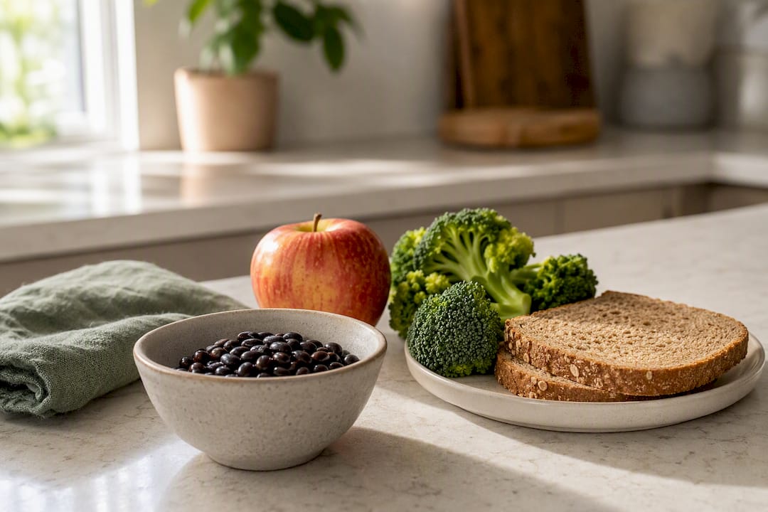Frijoles negros manzana brócoli y pan