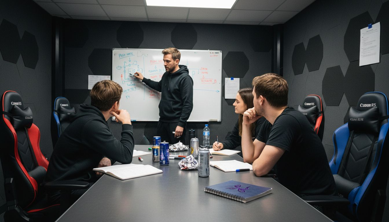 Coach explaining strategy to esports team