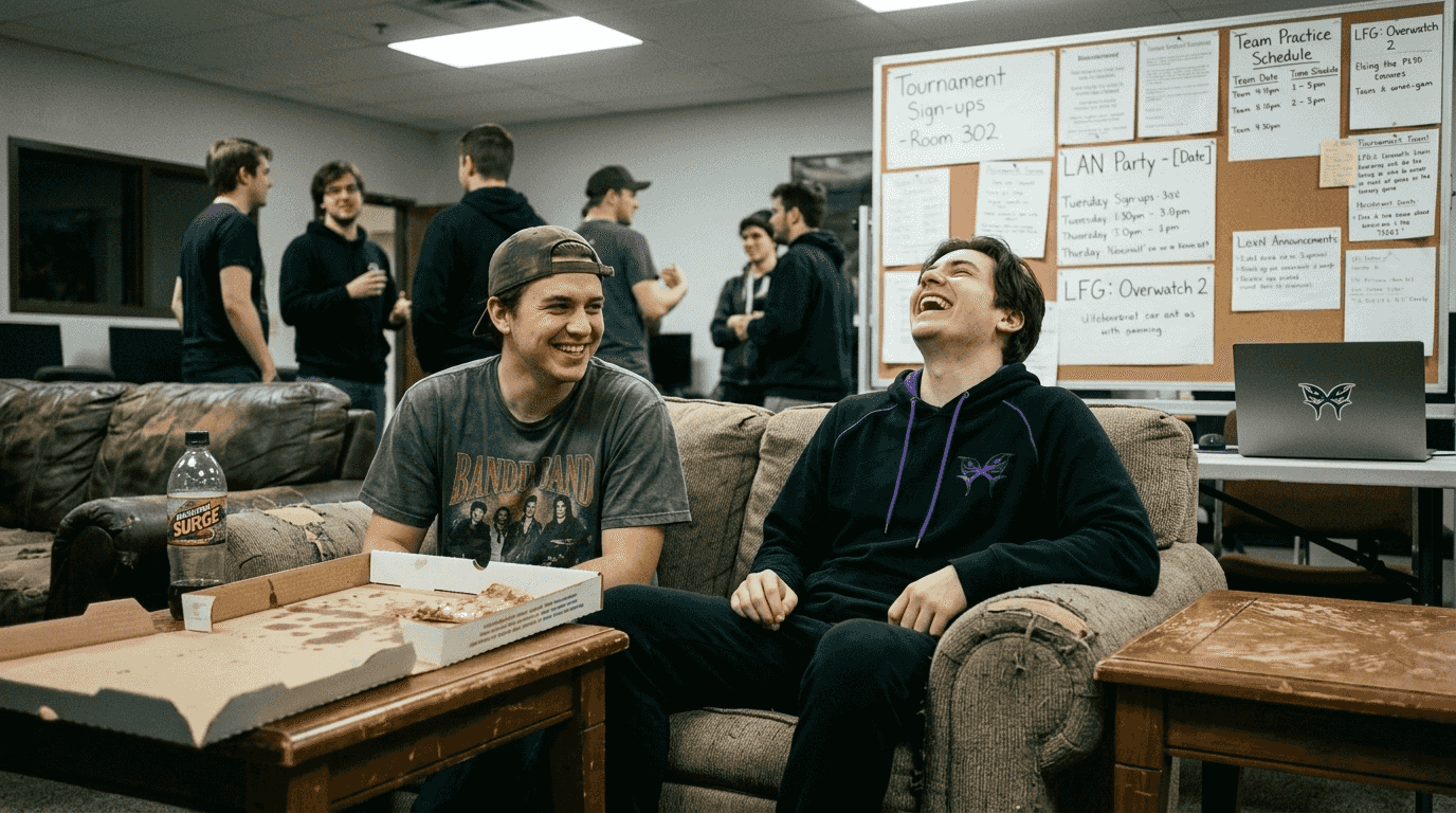 Competitive gamers socializing during lounge break