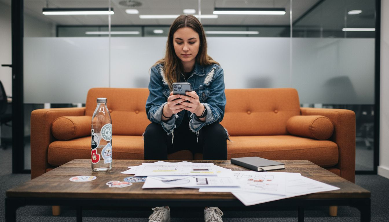 User tests mobile app prototype on sofa