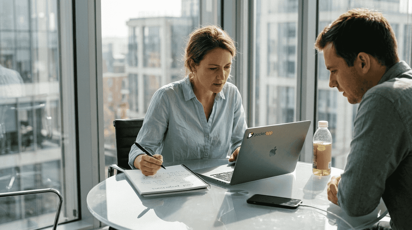 Colleagues discuss hybrid app savings at table