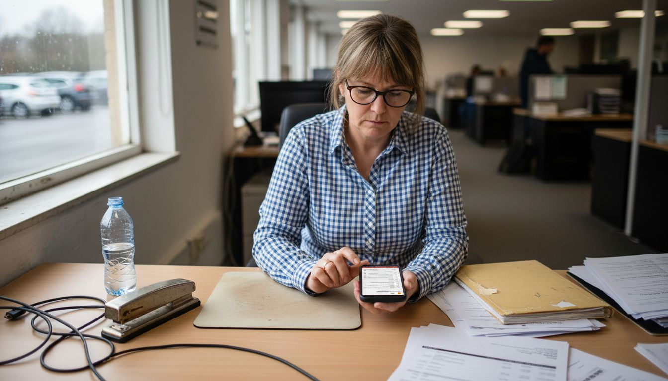 Office manager using app for workflow tasks