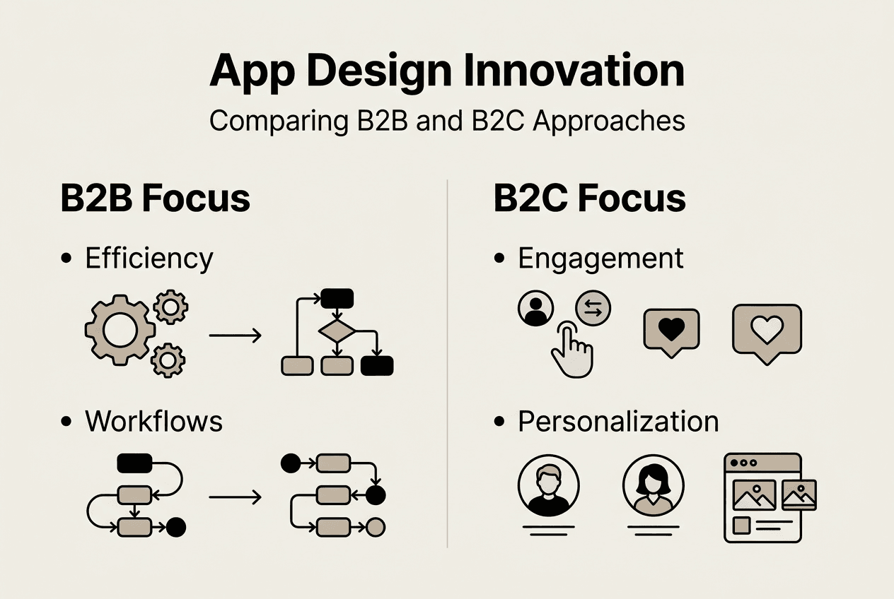 Infographic comparing B2B versus B2C app design focus