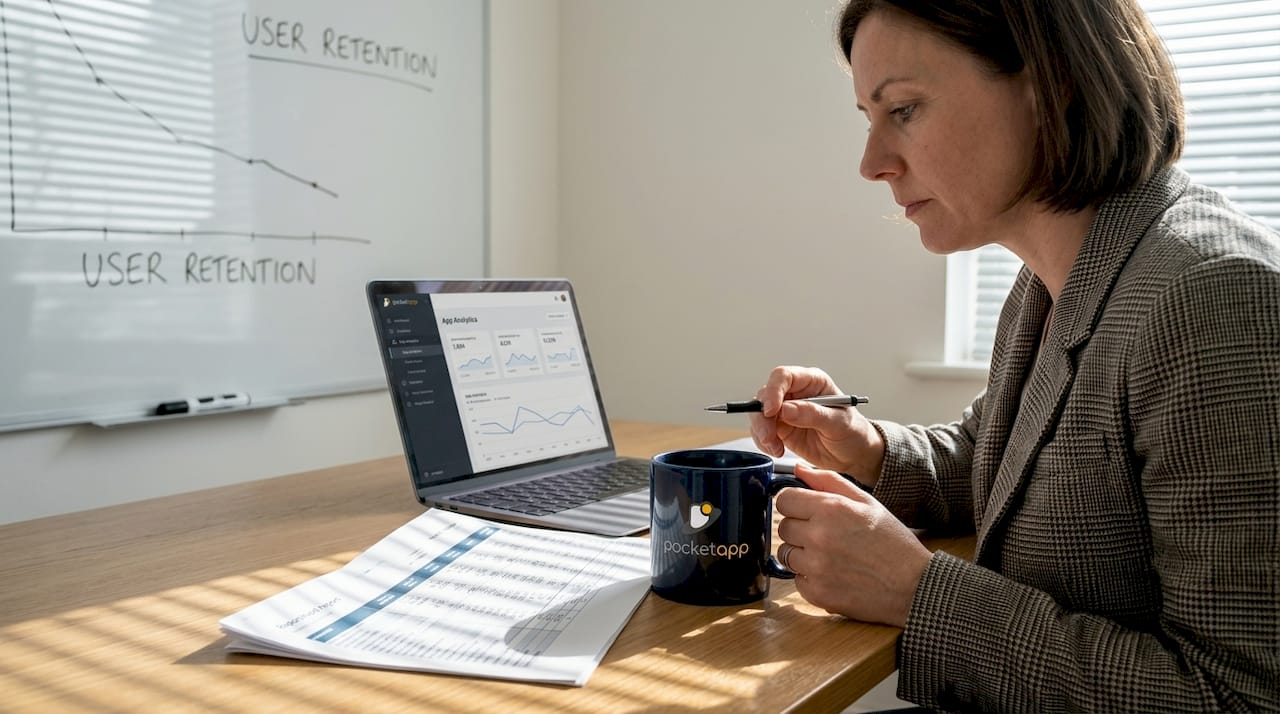 Manager reviewing app analytics for ROI